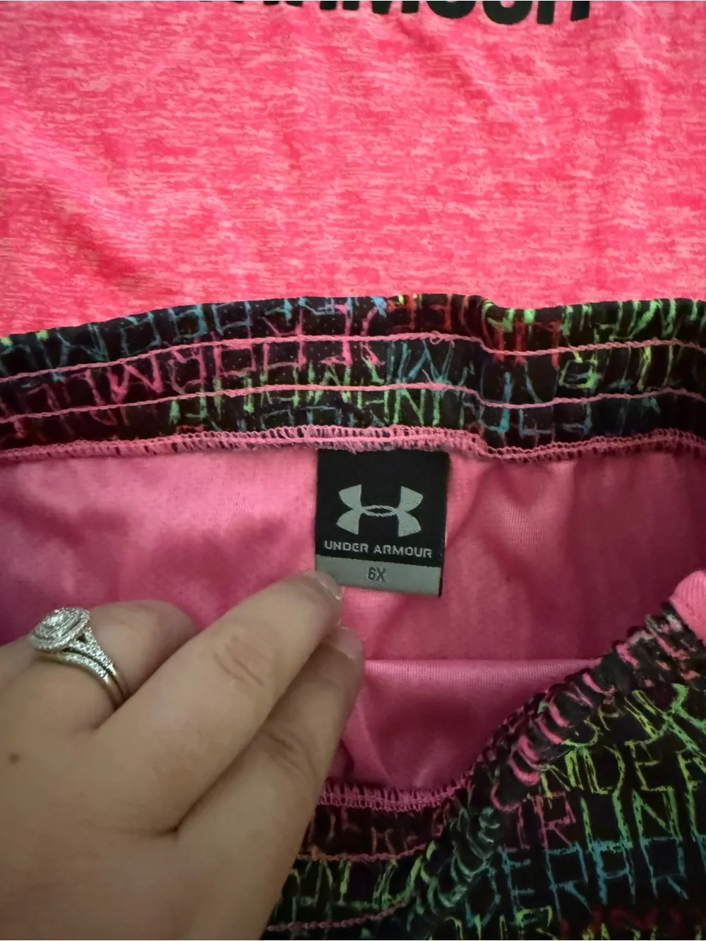 Girls Under Armour Pink Heather Logo Tee with Multicolor Print Shorts small 6X